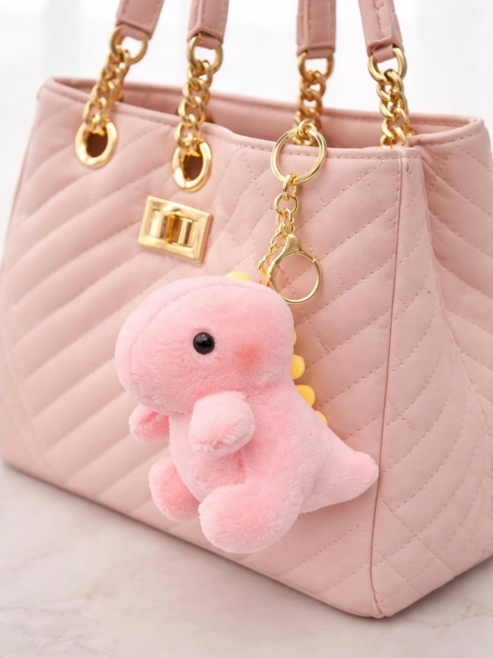 Large pink plush baby dinosaur keychain bag charm gold metal